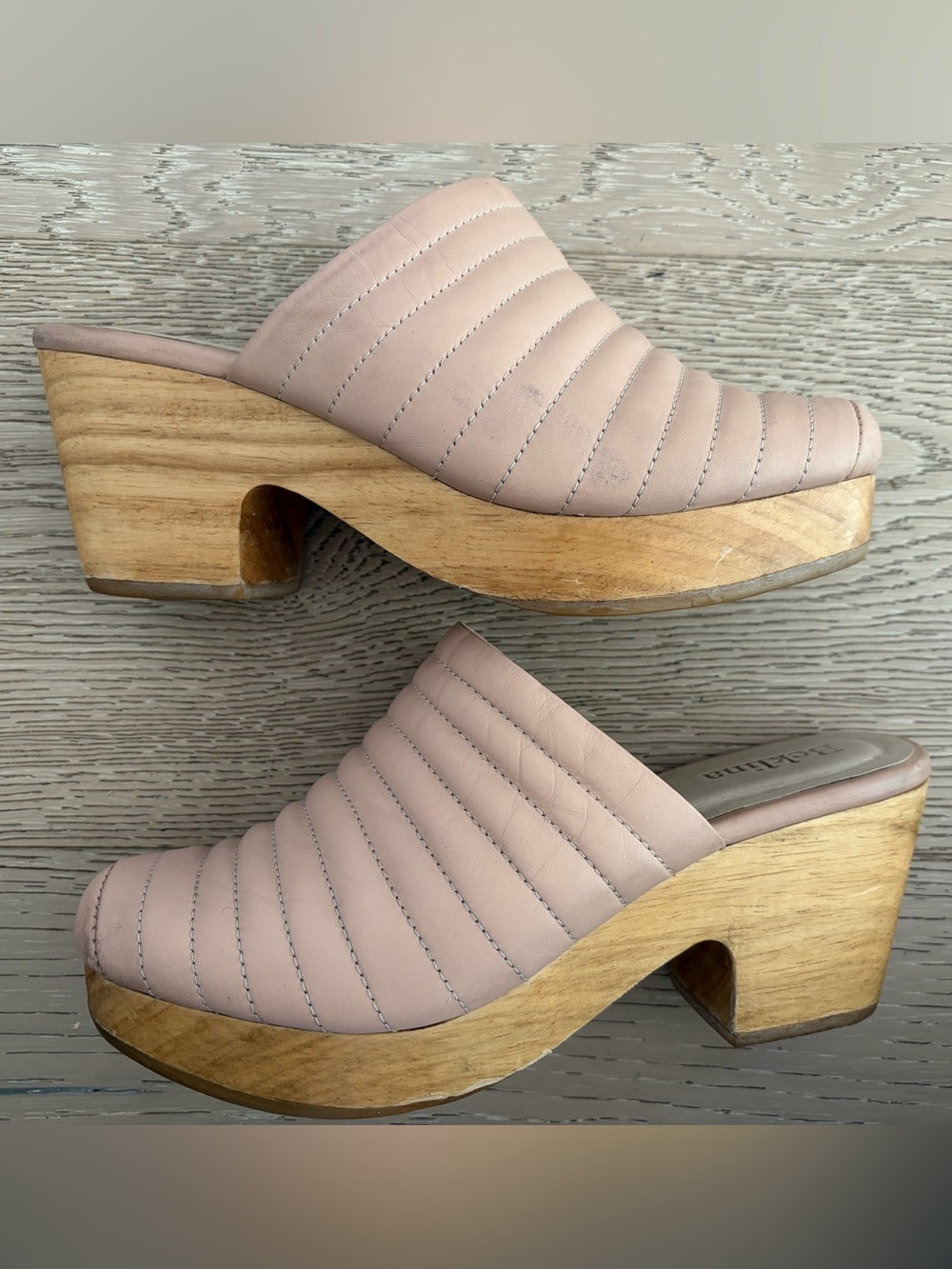 Beklina Nude Pink Quilted Ribbed Leather Clog Mules 6.5